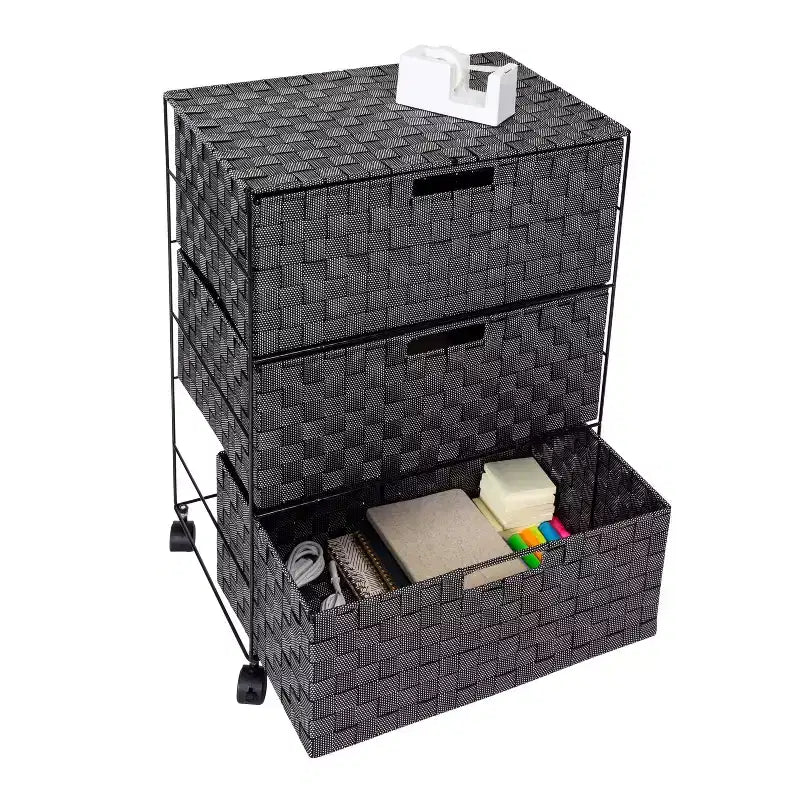 Honey-Can-Do 3 Drawer Woven Organizer with Wheels: Black Steel Frame, Decorative Storage, Plastic Drawers, 26" Height
