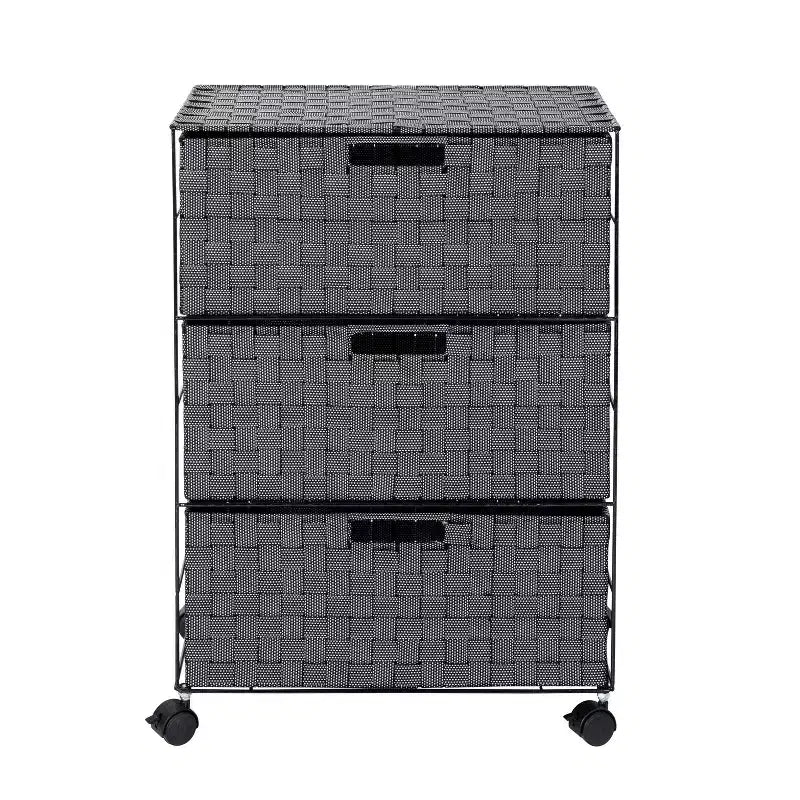 Honey-Can-Do 3 Drawer Woven Organizer with Wheels: Black Steel Frame, Decorative Storage, Plastic Drawers, 26" Height
