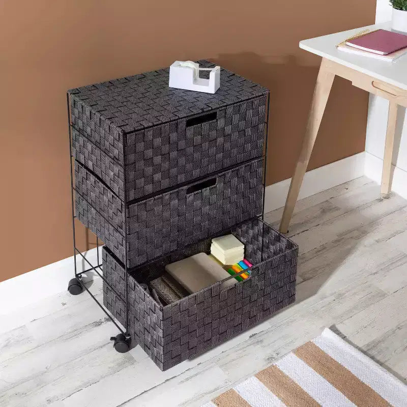 Honey-Can-Do 3 Drawer Woven Organizer with Wheels: Black Steel Frame, Decorative Storage, Plastic Drawers, 26" Height