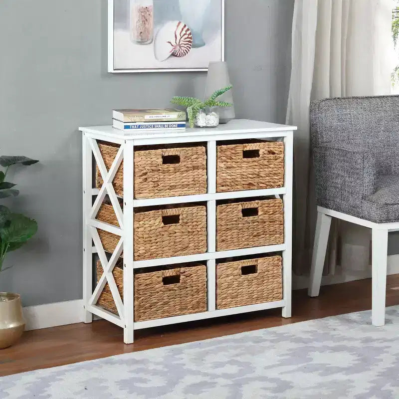 eHemco 3 Tier X-Side Storage Drawers with 6 Water Hyacinth Natural Wicker Baskets