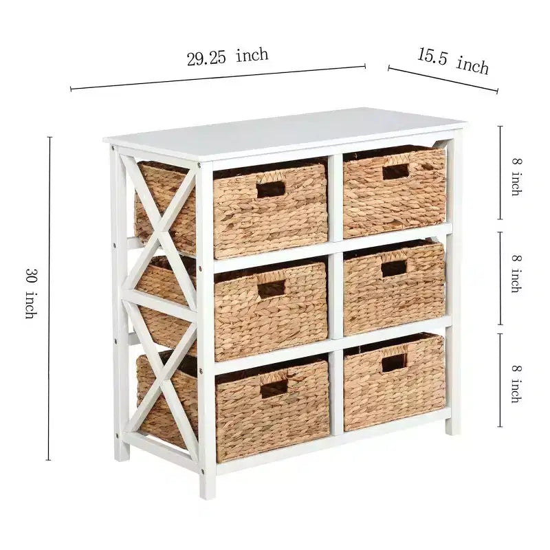 eHemco 3 Tier X-Side Storage Drawers with 6 Water Hyacinth Natural Wicker Baskets