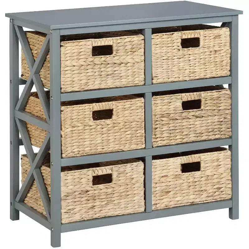 eHemco 3 Tier X-Side Storage Drawers with 6 Water Hyacinth Natural Wicker Baskets