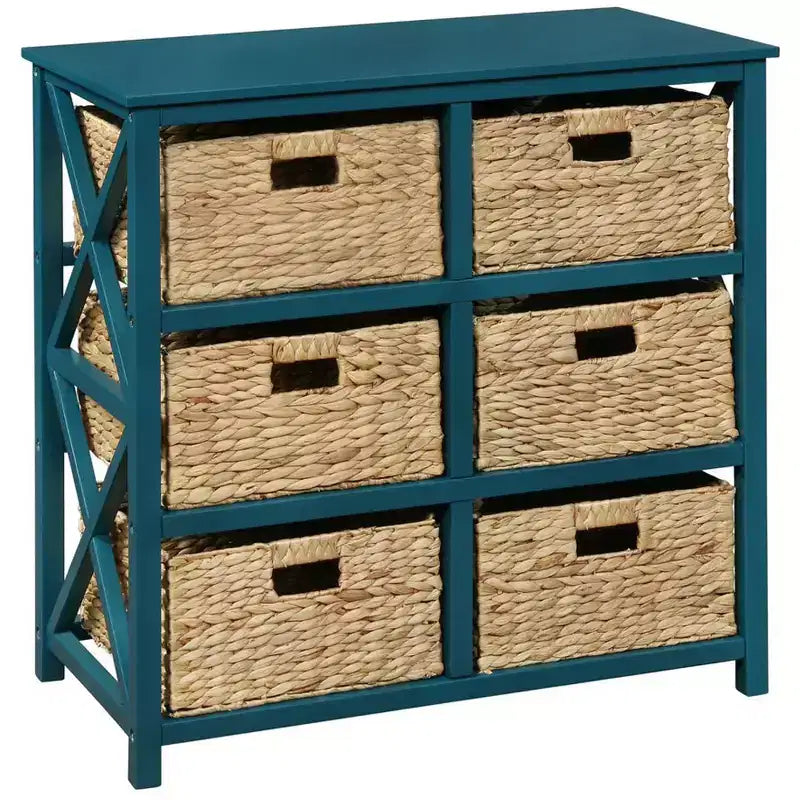 eHemco 3 Tier X-Side Storage Drawers with 6 Water Hyacinth Natural Wicker Baskets