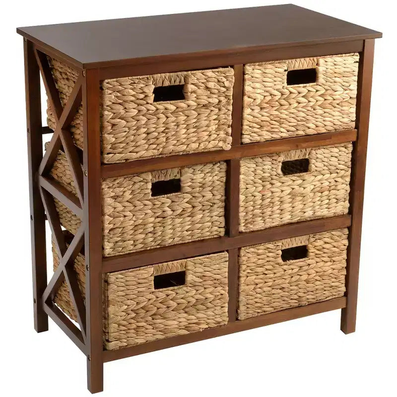 eHemco 3 Tier X-Side Storage Drawers with 6 Water Hyacinth Natural Wicker Baskets