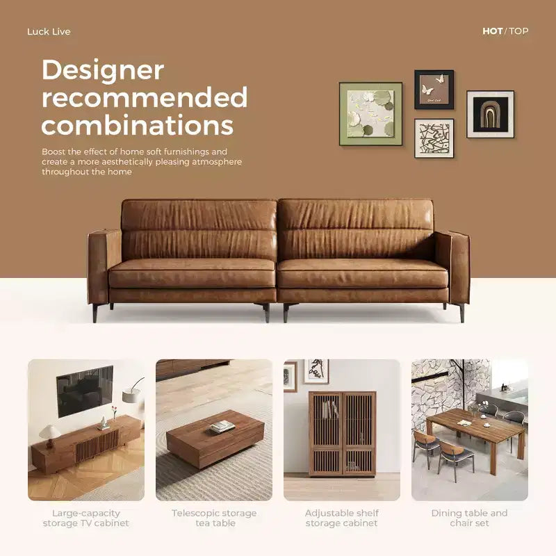 Luck Live Contemporary 86.61 inches modern sofa oil wax genuine leather couch, sofa frame is solid, couchcomfortable to the touch