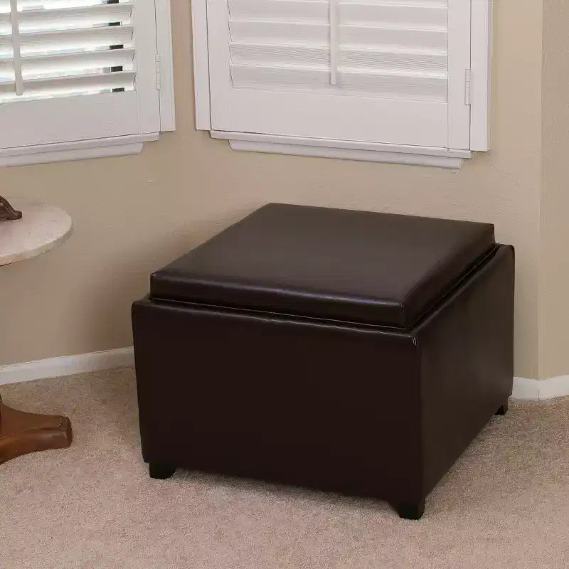 GDFStudio Brunello Contemporary Bonded Leather Tray Top Storage Ottoman, Chocolate Brown/Dark Brown