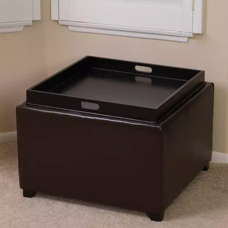 GDFStudio Brunello Contemporary Bonded Leather Tray Top Storage Ottoman, Chocolate Brown/Dark Brown