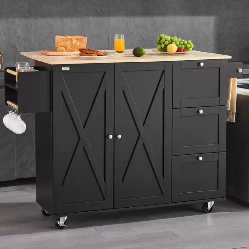 VEVOR Kitchen Island Cart, 56 Wood Top Mobile Carts with Storage Cabinet, Rolling Table with Drop Leaf, Spice Rack, Towel Bar, Adjustable Shelf