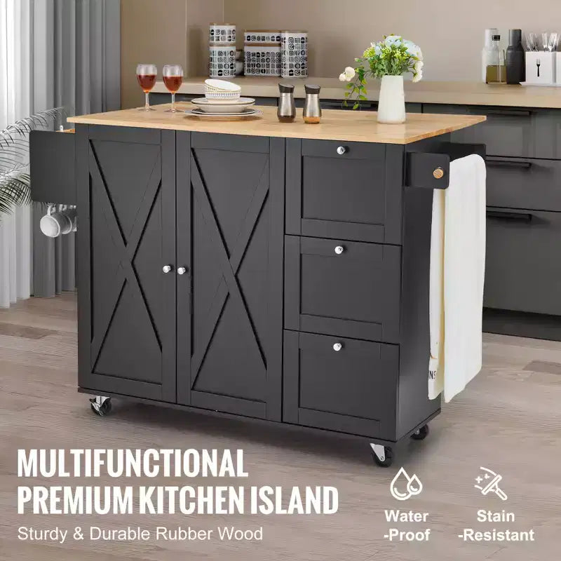 VEVOR Kitchen Island Cart, 56 Wood Top Mobile Carts with Storage Cabinet, Rolling Table with Drop Leaf, Spice Rack, Towel Bar, Adjustable Shelf