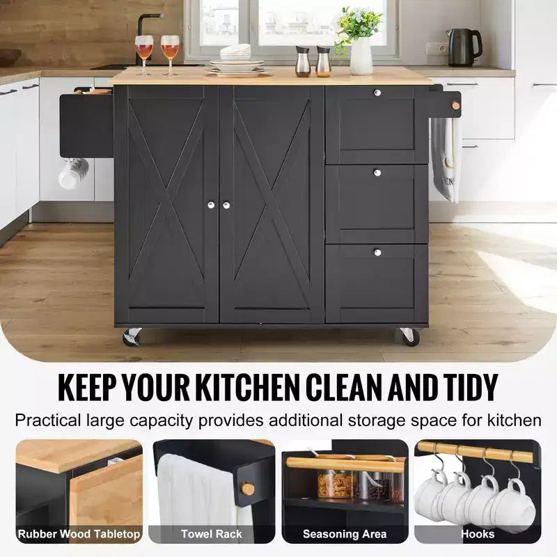 VEVOR Kitchen Island Cart, 56 Wood Top Mobile Carts with Storage Cabinet, Rolling Table with Drop Leaf, Spice Rack, Towel Bar, Adjustable Shelf