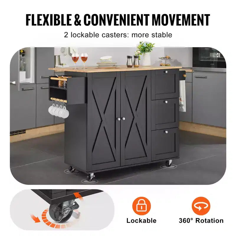 VEVOR Kitchen Island Cart, 56 Wood Top Mobile Carts with Storage Cabinet, Rolling Table with Drop Leaf, Spice Rack, Towel Bar, Adjustable Shelf