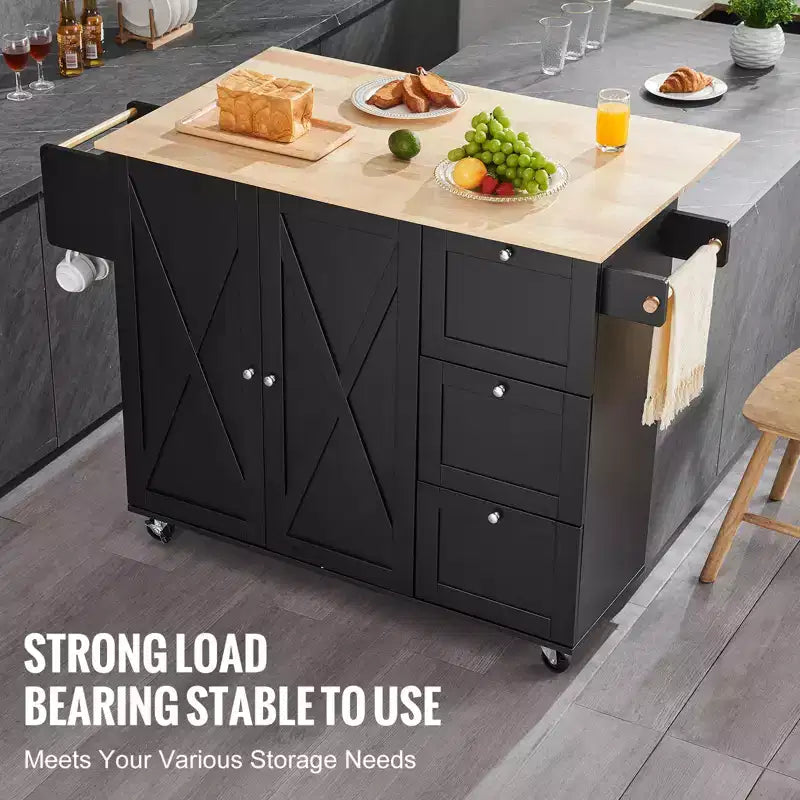 VEVOR Kitchen Island Cart, 56 Wood Top Mobile Carts with Storage Cabinet, Rolling Table with Drop Leaf, Spice Rack, Towel Bar, Adjustable Shelf