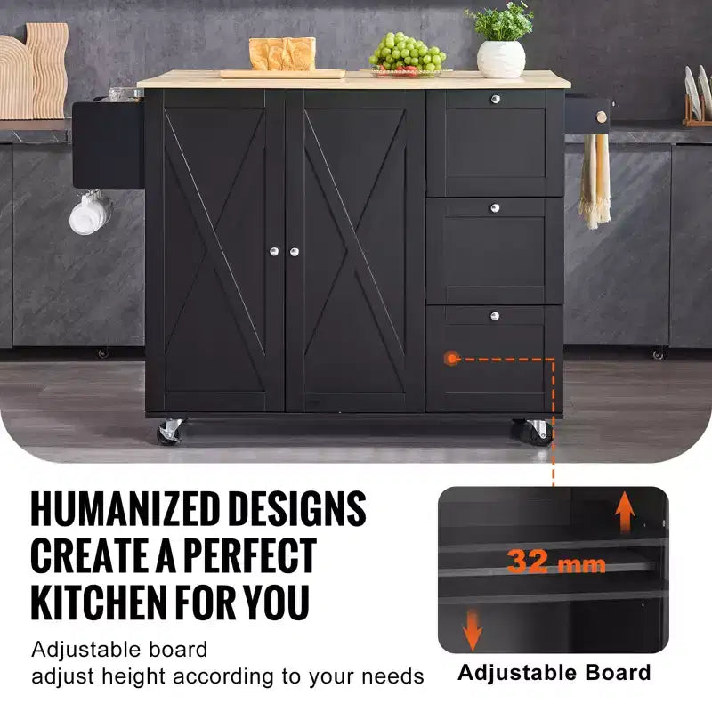VEVOR Kitchen Island Cart, 56 Wood Top Mobile Carts with Storage Cabinet, Rolling Table with Drop Leaf, Spice Rack, Towel Bar, Adjustable Shelf