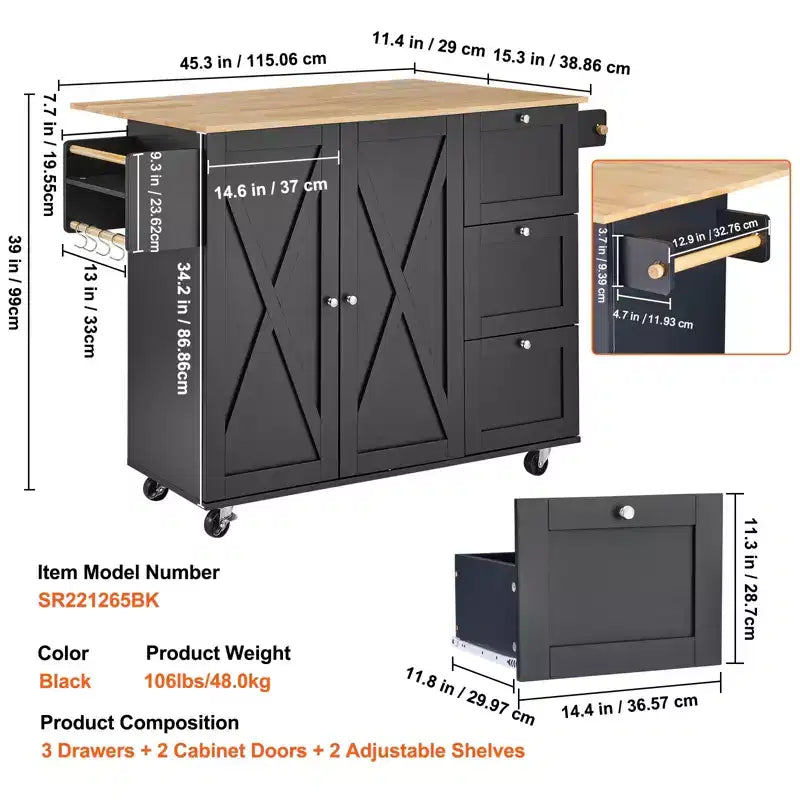 VEVOR Kitchen Island Cart, 56 Wood Top Mobile Carts with Storage Cabinet, Rolling Table with Drop Leaf, Spice Rack, Towel Bar, Adjustable Shelf