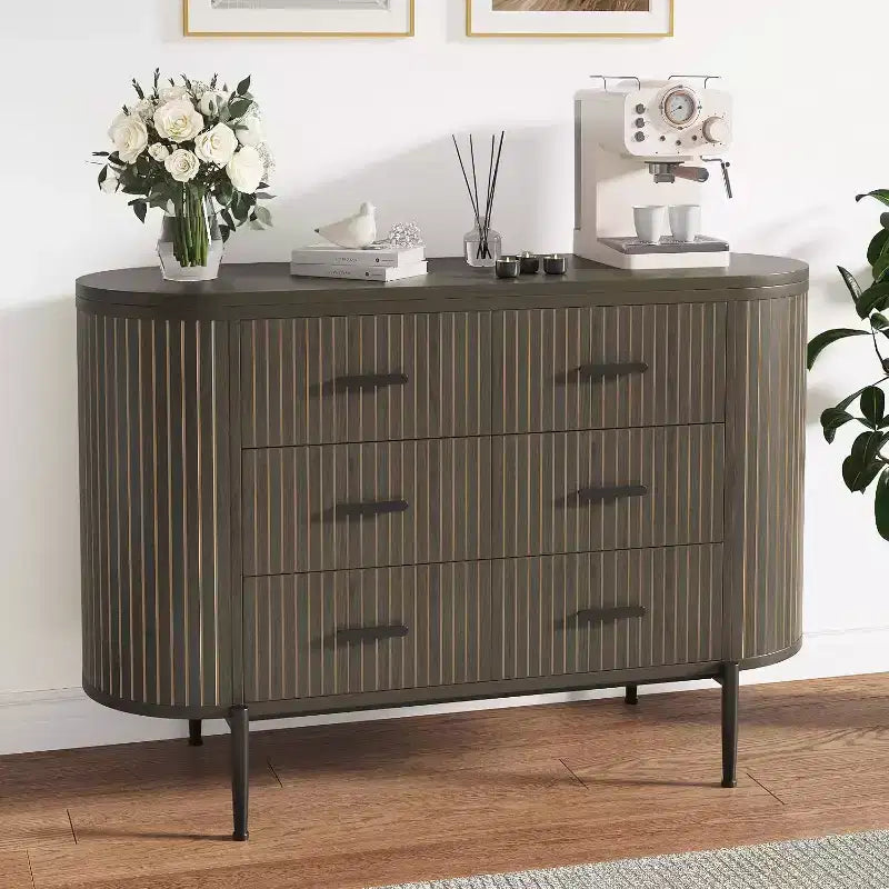 Fluted 6 Drawer Dresser, 47.2in Wide Mid Century Modern Wooden Chest of Drawers with Curved Profile Design and Gold Handles for Home Office