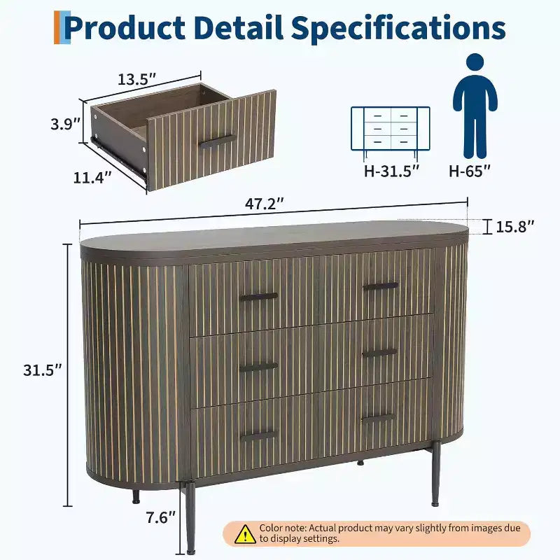 Fluted 6 Drawer Dresser, 47.2in Wide Mid Century Modern Wooden Chest of Drawers with Curved Profile Design and Gold Handles for Home Office