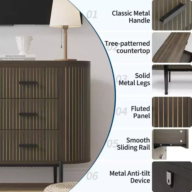 Fluted 6 Drawer Dresser, 47.2in Wide Mid Century Modern Wooden Chest of Drawers with Curved Profile Design and Gold Handles for Home Office