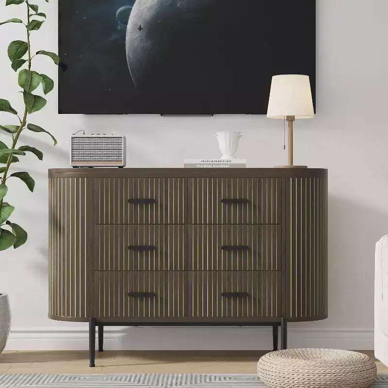 Fluted 6 Drawer Dresser, 47.2in Wide Mid Century Modern Wooden Chest of Drawers with Curved Profile Design and Gold Handles for Home Office