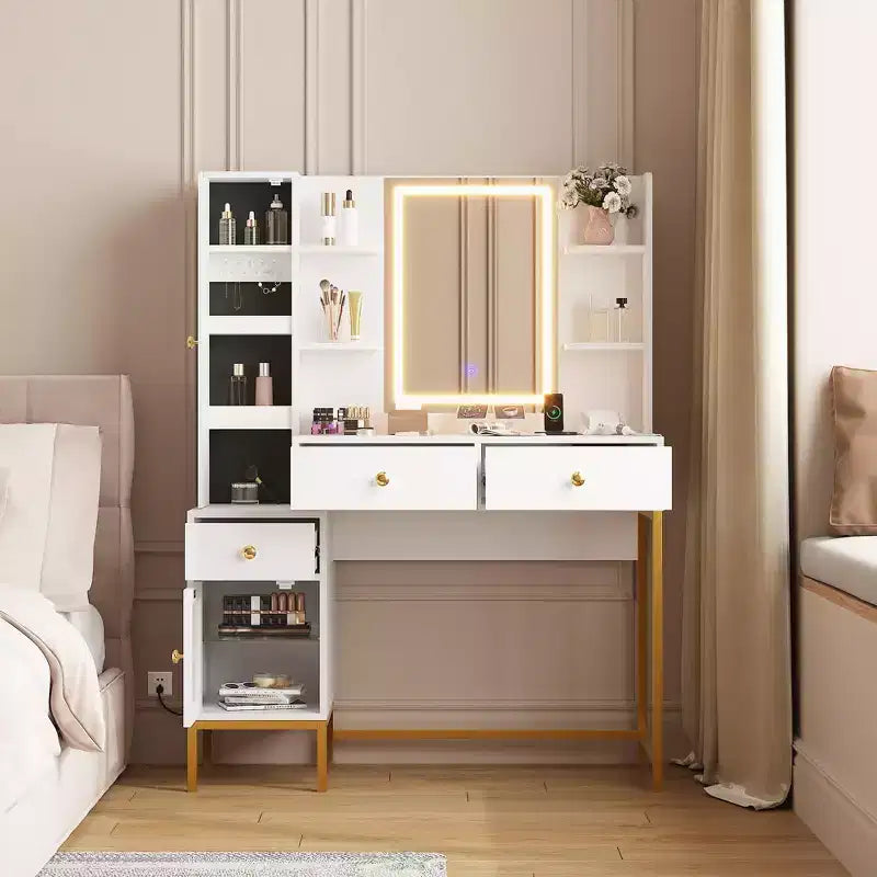 Makeup Vanity with Lights, 3 Lighting Modes Vanity Desk with Soft Cushioned Stool, Modern Dressing Table with Charging Station, 3 Drawers, White