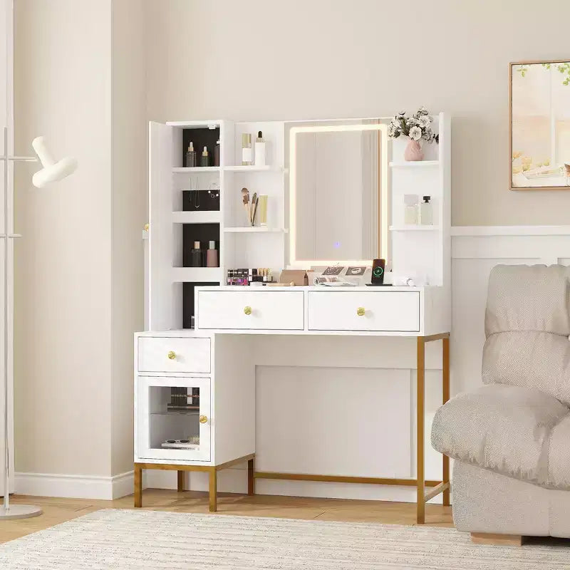 Makeup Vanity with Lights, 3 Lighting Modes Vanity Desk with Soft Cushioned Stool, Modern Dressing Table with Charging Station, 3 Drawers, White