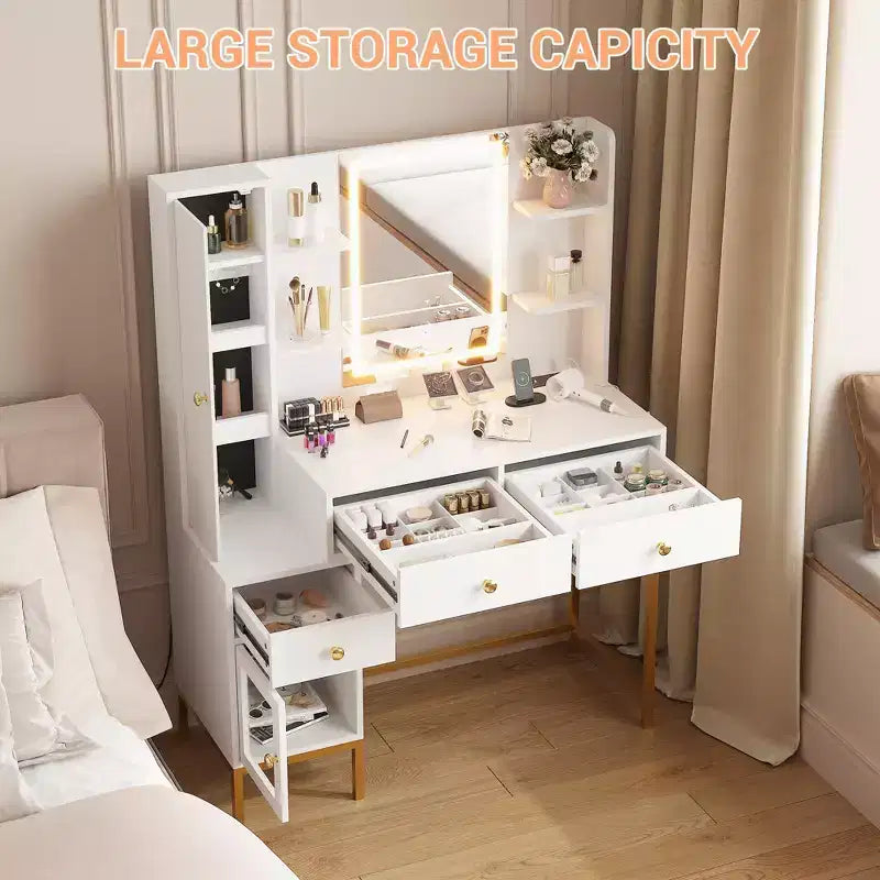 Makeup Vanity with Lights, 3 Lighting Modes Vanity Desk with Soft Cushioned Stool, Modern Dressing Table with Charging Station, 3 Drawers, White