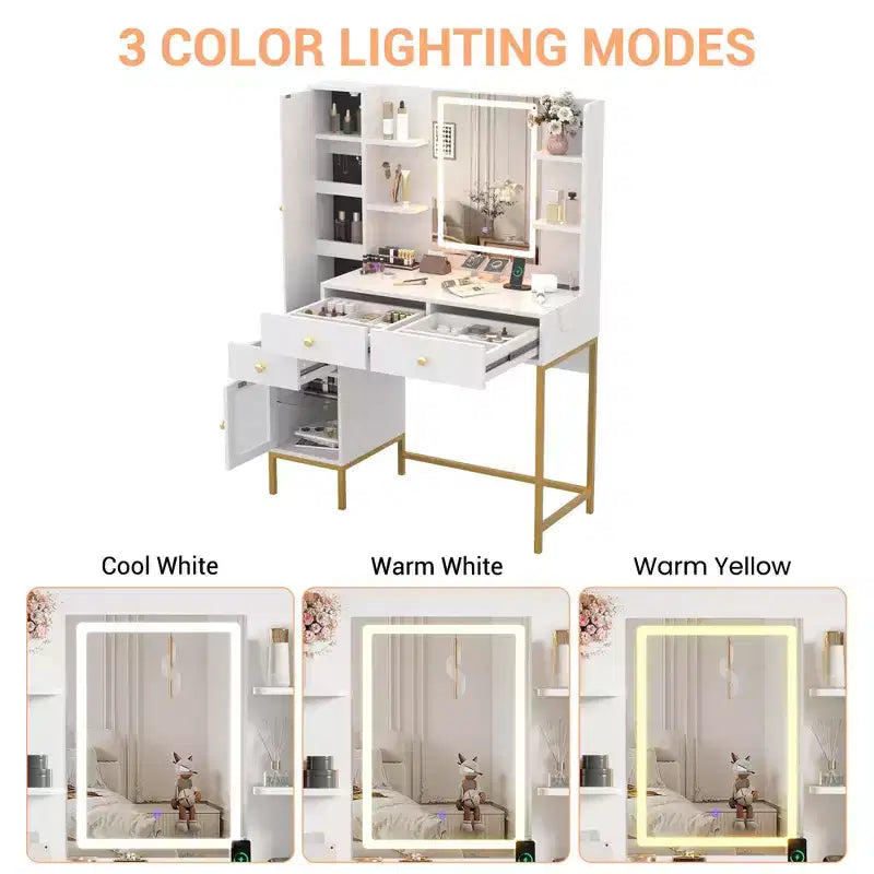 Makeup Vanity with Lights, 3 Lighting Modes Vanity Desk with Soft Cushioned Stool, Modern Dressing Table with Charging Station, 3 Drawers, White