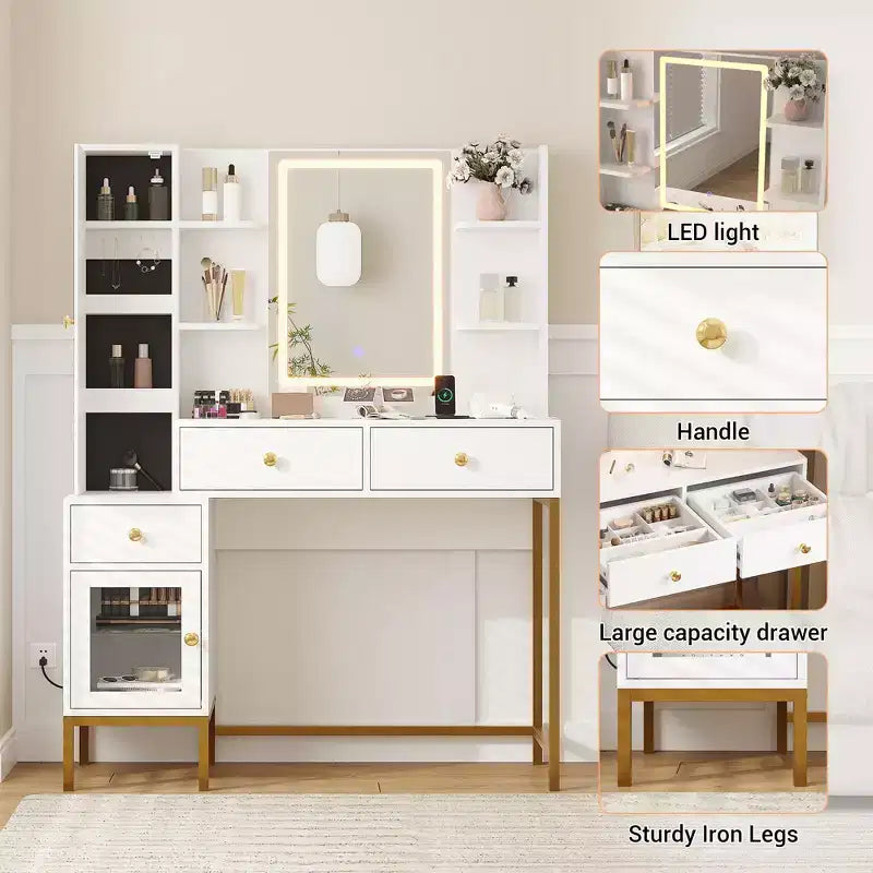 Makeup Vanity with Lights, 3 Lighting Modes Vanity Desk with Soft Cushioned Stool, Modern Dressing Table with Charging Station, 3 Drawers, White