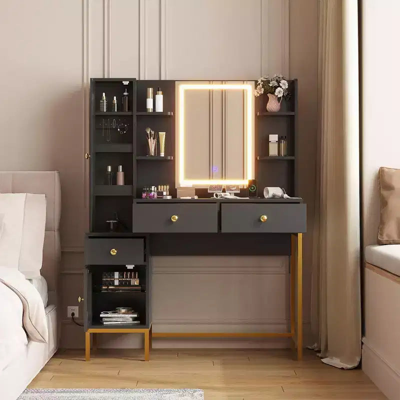 Makeup Vanity with Lights, 3 Lighting Modes Vanity Desk with Soft Cushioned Stool, Modern Dressing Table with Charging Station, 3 Drawers, White