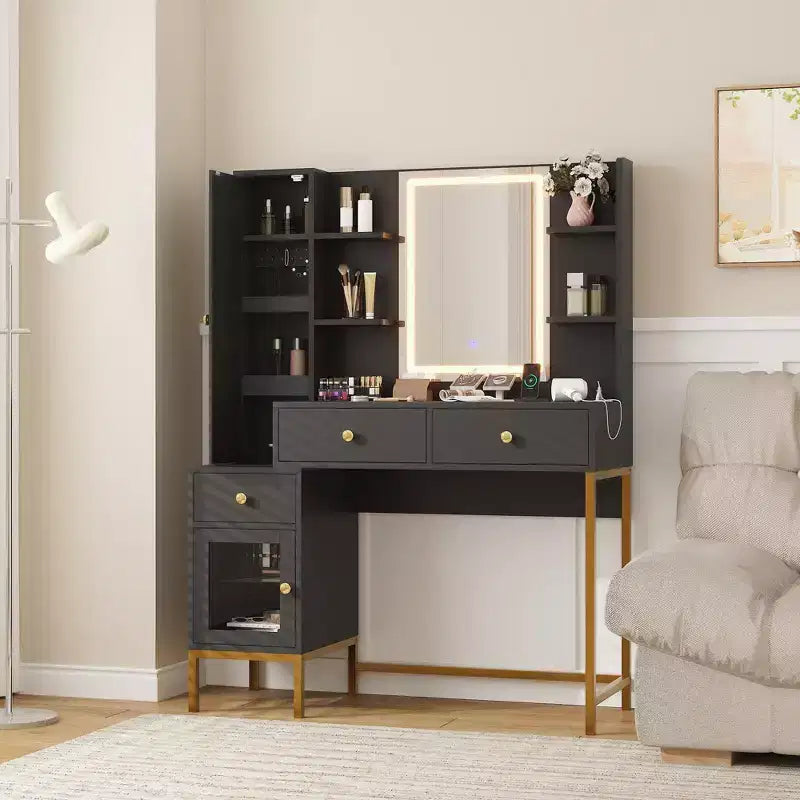 Makeup Vanity with Lights, 3 Lighting Modes Vanity Desk with Soft Cushioned Stool, Modern Dressing Table with Charging Station, 3 Drawers, White