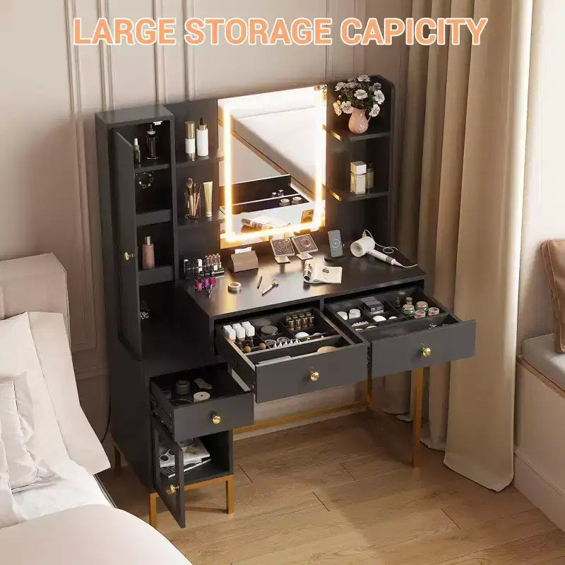 Makeup Vanity with Lights, 3 Lighting Modes Vanity Desk with Soft Cushioned Stool, Modern Dressing Table with Charging Station, 3 Drawers, White