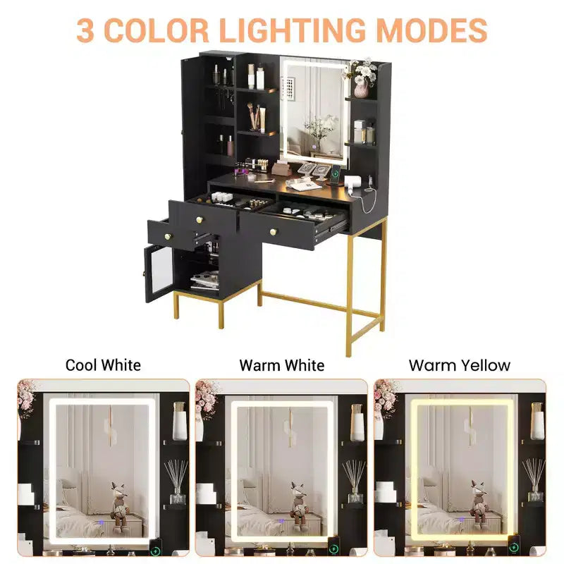 Makeup Vanity with Lights, 3 Lighting Modes Vanity Desk with Soft Cushioned Stool, Modern Dressing Table with Charging Station, 3 Drawers, White