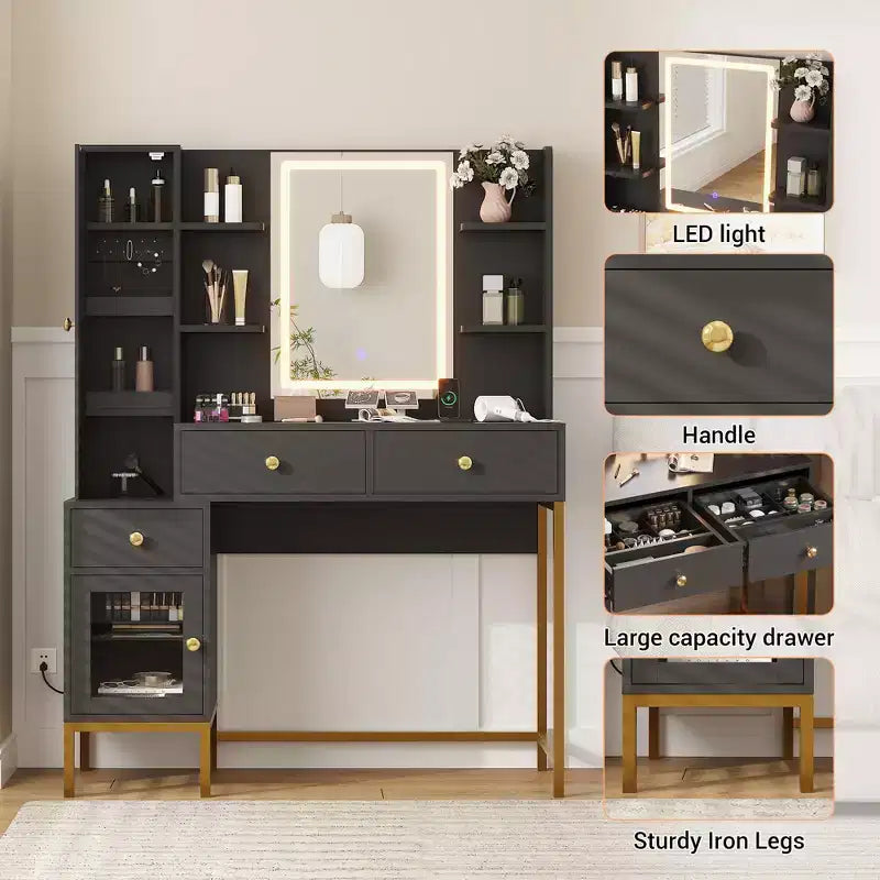 Makeup Vanity with Lights, 3 Lighting Modes Vanity Desk with Soft Cushioned Stool, Modern Dressing Table with Charging Station, 3 Drawers, White