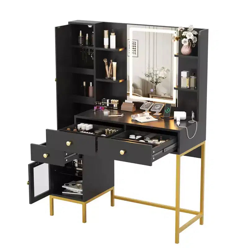 Makeup Vanity with Lights, 3 Lighting Modes Vanity Desk with Soft Cushioned Stool, Modern Dressing Table with Charging Station, 3 Drawers, White