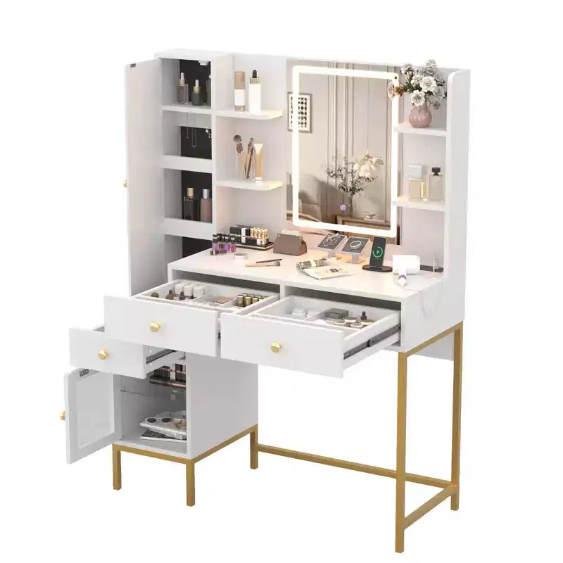 Makeup Vanity with Lights, 3 Lighting Modes Vanity Desk with Soft Cushioned Stool, Modern Dressing Table with Charging Station, 3 Drawers, White