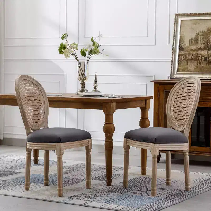 Dining Chairs Set of 2 French Country, Rattan Upholstered Vintage Farmhouse Fabric, Round Back, Solid Wood Legs, Grey