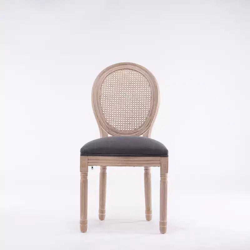 Dining Chairs Set of 2 French Country, Rattan Upholstered Vintage Farmhouse Fabric, Round Back, Solid Wood Legs, Grey
