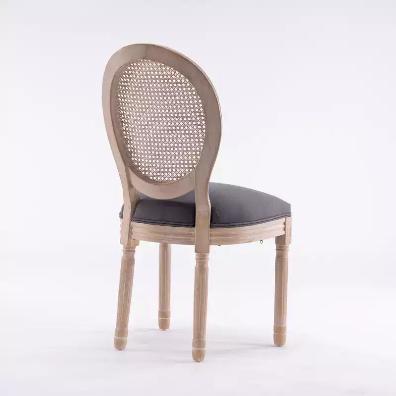 Dining Chairs Set of 2 French Country, Rattan Upholstered Vintage Farmhouse Fabric, Round Back, Solid Wood Legs, Grey