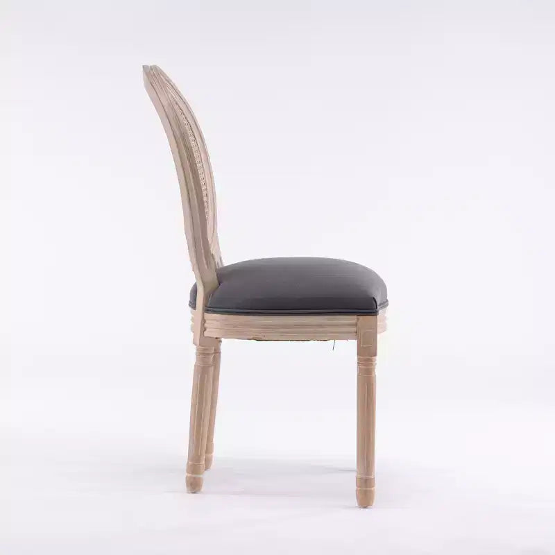 Dining Chairs Set of 2 French Country, Rattan Upholstered Vintage Farmhouse Fabric, Round Back, Solid Wood Legs, Grey