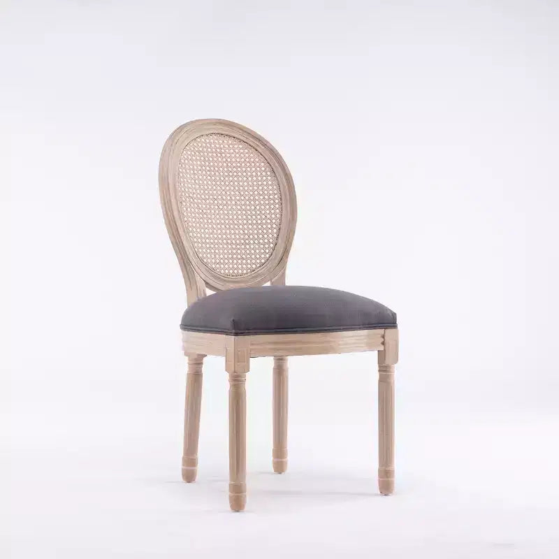 Dining Chairs Set of 2 French Country, Rattan Upholstered Vintage Farmhouse Fabric, Round Back, Solid Wood Legs, Grey