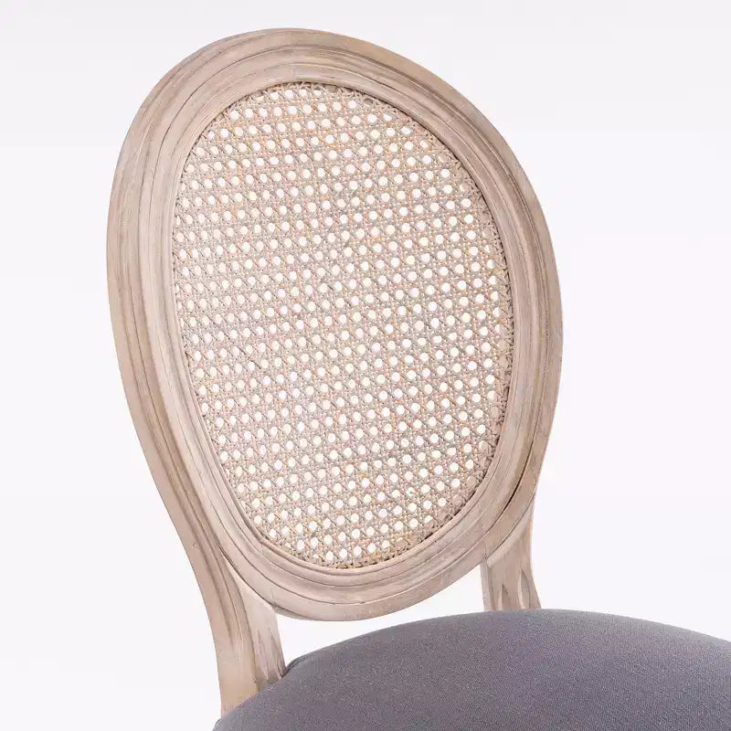 Dining Chairs Set of 2 French Country, Rattan Upholstered Vintage Farmhouse Fabric, Round Back, Solid Wood Legs, Grey