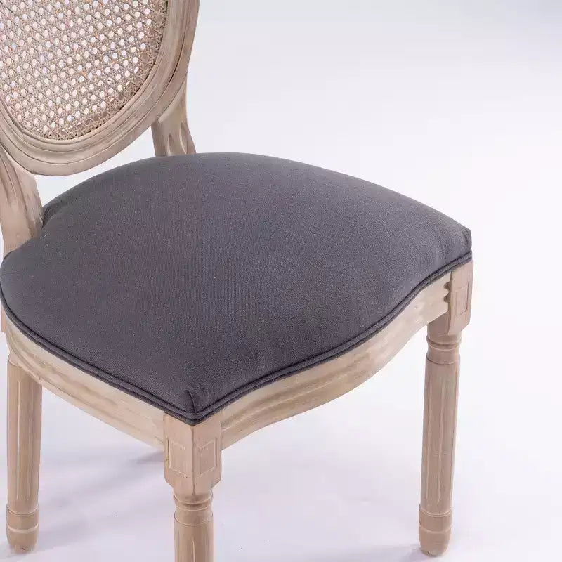 Dining Chairs Set of 2 French Country, Rattan Upholstered Vintage Farmhouse Fabric, Round Back, Solid Wood Legs, Grey