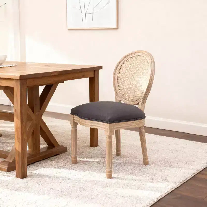 Dining Chairs Set of 2 French Country, Rattan Upholstered Vintage Farmhouse Fabric, Round Back, Solid Wood Legs, Grey