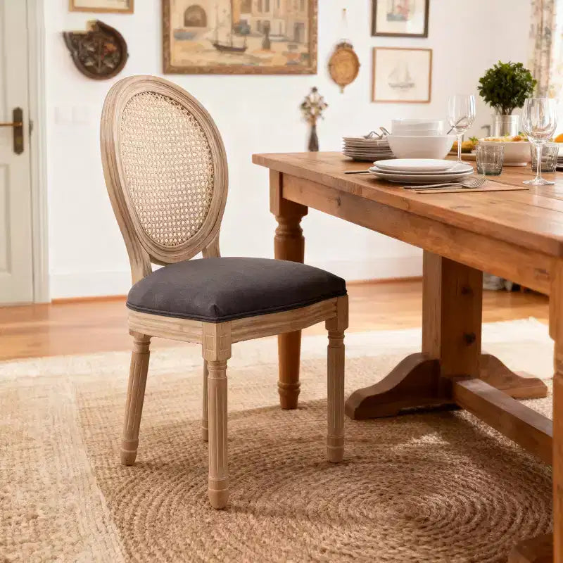 Dining Chairs Set of 2 French Country, Rattan Upholstered Vintage Farmhouse Fabric, Round Back, Solid Wood Legs, Grey
