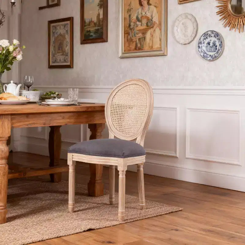 Dining Chairs Set of 2 French Country, Rattan Upholstered Vintage Farmhouse Fabric, Round Back, Solid Wood Legs, Grey