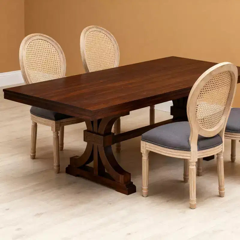 Dining Chairs Set of 2 French Country, Rattan Upholstered Vintage Farmhouse Fabric, Round Back, Solid Wood Legs, Grey