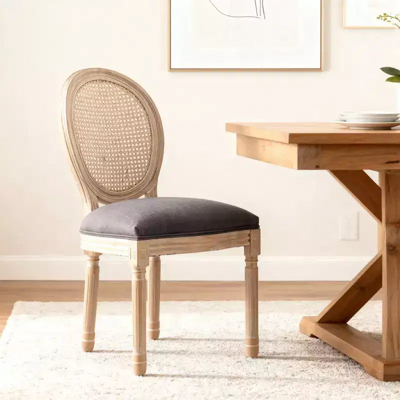 Dining Chairs Set of 2 French Country, Rattan Upholstered Vintage Farmhouse Fabric, Round Back, Solid Wood Legs, Grey