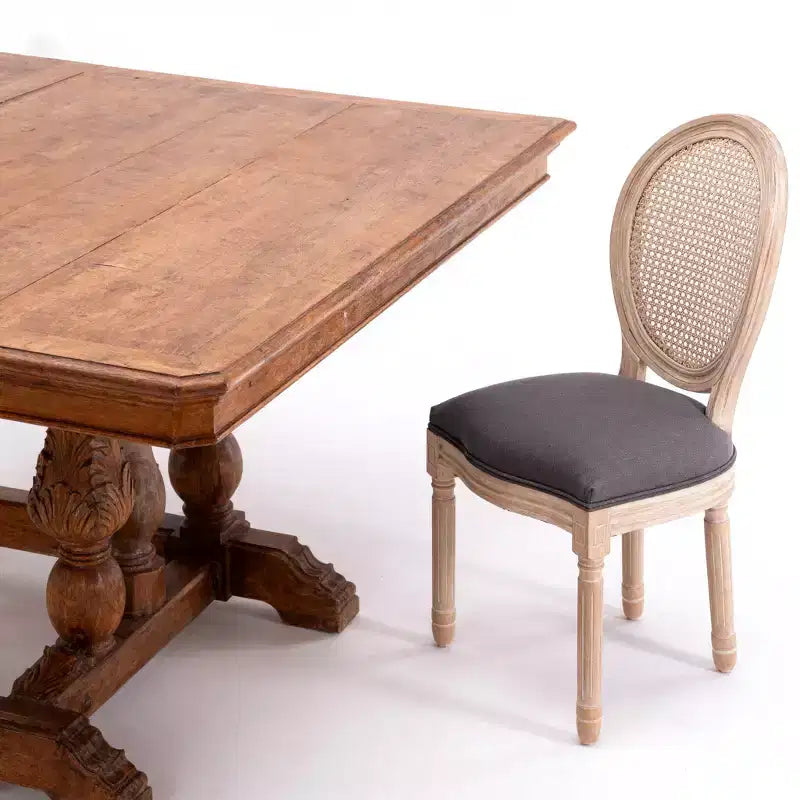 Dining Chairs Set of 2 French Country, Rattan Upholstered Vintage Farmhouse Fabric, Round Back, Solid Wood Legs, Grey