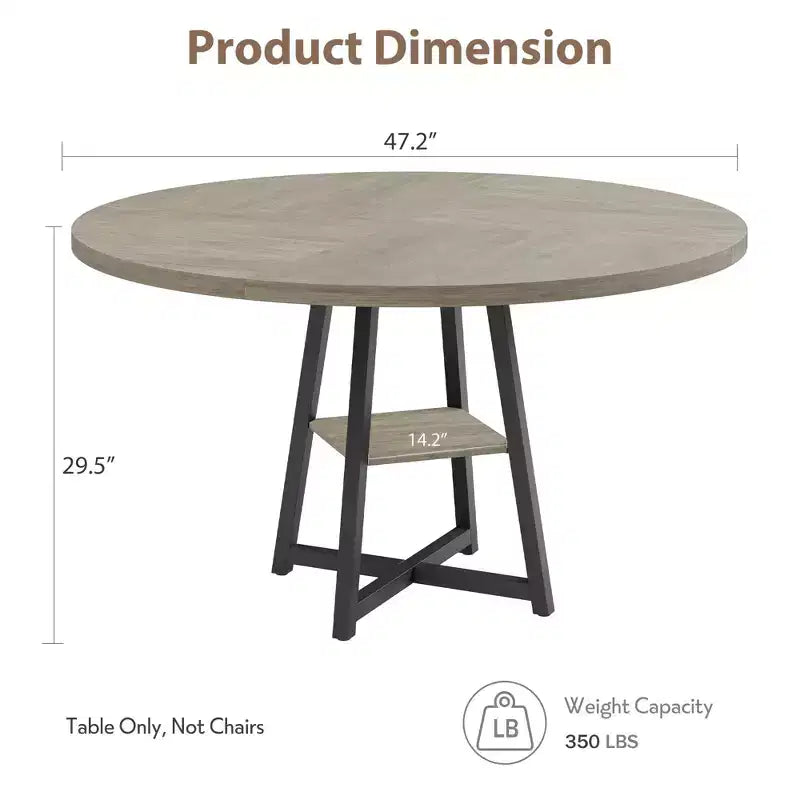 COZONY 47.2 Round Dining Table for 4-6, Industrial Circle Kitchen Table with Storage Shelf, Metal Pedestal Base