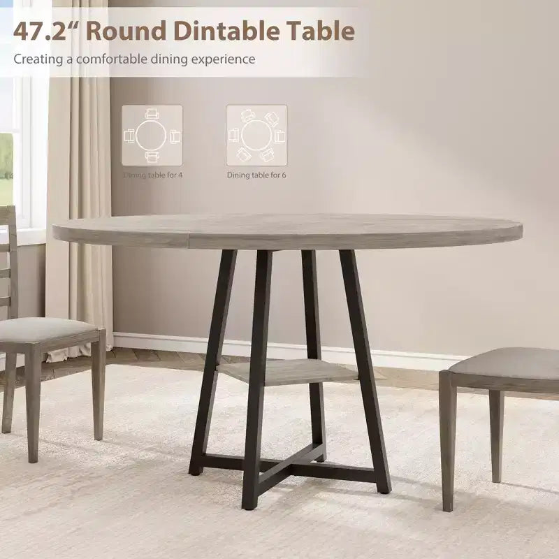 COZONY 47.2 Round Dining Table for 4-6, Industrial Circle Kitchen Table with Storage Shelf, Metal Pedestal Base
