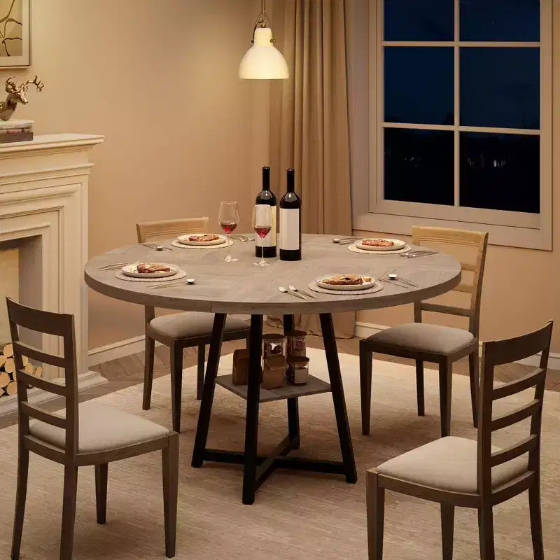 COZONY 47.2 Round Dining Table for 4-6, Industrial Circle Kitchen Table with Storage Shelf, Metal Pedestal Base